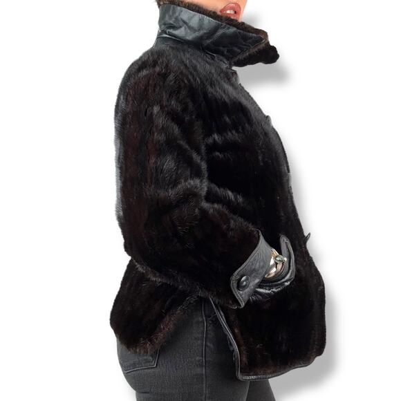 1960's PIERRE CARDIN rare genuine mink fur black leather mod coat BOUTIQUE FURS - Picture 7 of 16
